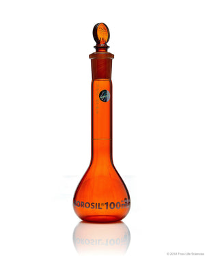 Amber Volumetric Flask, Wide Neck, With Glass I/C Stopper, Class A, Ind Cert 100mL | img_1 | Foxx Life Sciences Global | shopfls.com