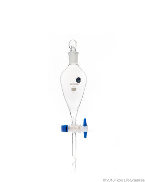 Borosil® Glass Separating Funnels, Pear Shape, with Polytetrafluoroethylene (PTFE) stopcock, Interchangeable Stopper, 125mL CS/10 | img_1 | Foxx Life Sciences Global | shopfls.com