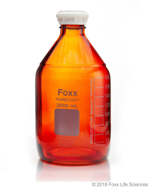 PUREGRIP® Reusable Amber Light-Blocking Round Glass Media Storage Bottles with GL45 VersaCap, Pouring Ring, and Extra Large Marking Spot, 2 L (2,000 mL), 10/CS