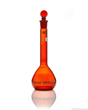 Amber Volumetric Flask, Wide Neck, With Glass I/C Stopper, Class A with Batch certificate, 200mL | img_1 | Foxx Life Sciences Global | shopfls.com