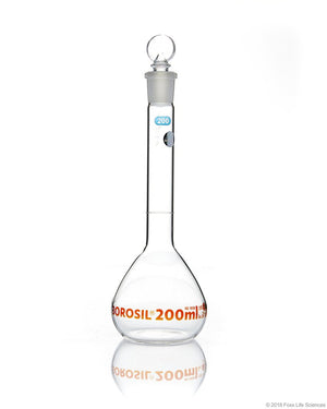 Volumetric Flask, Wide Neck, With Glass I/C Stopper, Class A, Ind Cert 200 mL | img_1 | Foxx Life Sciences Global | shopfls.com