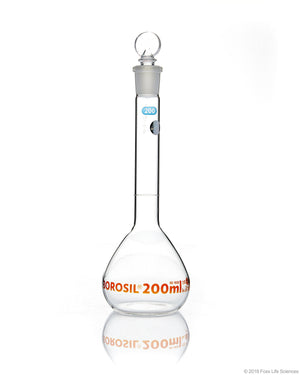 Volumetric Flask, Wide Neck, With Glass I/C Stopper, Class A with Batch certificate, 200mL | img_1 | Foxx Life Sciences Global | shopfls.com
