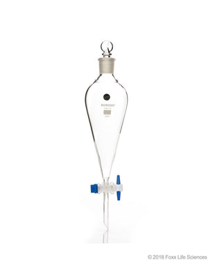 Borosil® Separating Funnel Pear Shape Boroflo Stopcock Polytetrafluoroethylene (PTFE) Key I/C glass stopper 250 mL, CS/10 | img_1 | Foxx Life Sciences Global | shopfls.com