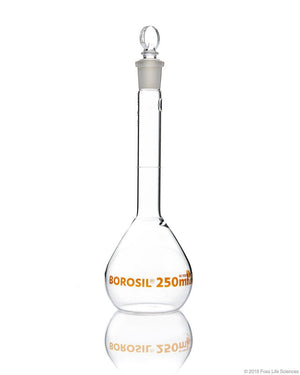 Borosil Volumetric Flask With Glass/Plastic Stopper, ASTM E288 Class A, Ind Cert 500 mL | img_1 | Foxx Life Sciences Global | shopfls.com