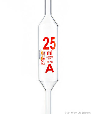 Borosil Volumetric Pipette Bulb Pipette Class A Accuracy ASTM Batch Certificate 25mL Borosilicate | img_1 | Foxx Life Sciences Global | shopfls.com