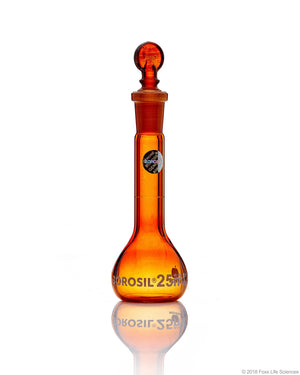 Amber Volumetric Flask, Wide Neck, With Glass I/C Stopper, Class A with Batch certificate, 25mL, 5/CS | img_1 | Foxx Life Sciences Global | shopfls.com