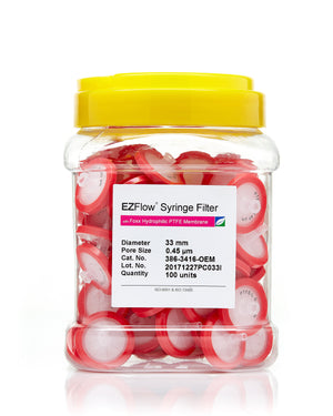 EZFlow® 33mm Syringe Filter, .45μm PTFE, 100/pk - Hydrophilic filter for laboratory research & bioprocessing applications. | img_1 | Foxx Life Sciences Global | shopfls.com