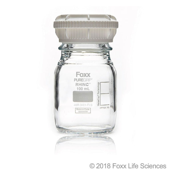 PUREGRIP® Rhino Safety Coated Glass Bottles, Clear, 100mL, with GL45 VersaCap,4CS