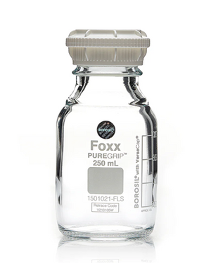 PUREGRIP® Rhino Safety Coated Glass Bottles, Clear, 250mL, with GL45 VersaCap - Lab-Grade, 4/CS | img_1 | Foxx Life Sciences Global | shopfls.com