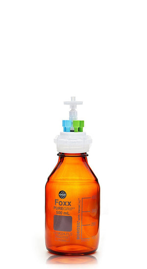HPLC Solvent Reservoir Bottle Assembly, GL45, 500mL Amber, Class VI Polytetrafluoroethylene (PTFE) Adapter,  4 Ports for 3.2mm(1/8") and/or | img_1 | Foxx Life Sciences Global | shopfls.com
