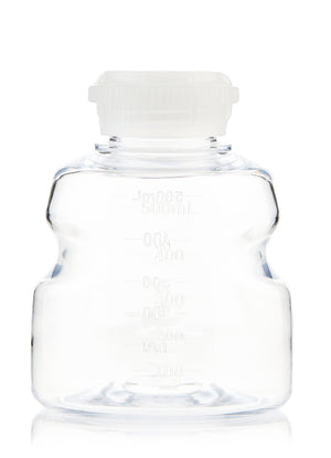 Clear plastic bottle with a white cap on a white background