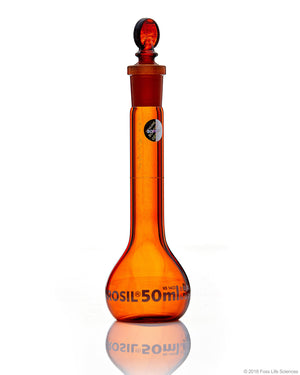 Amber Volumetric Flask, Wide Neck, With Glass I/C Stopper, Class A, Ind Cert 50mL | img_1 | Foxx Life Sciences Global | shopfls.com