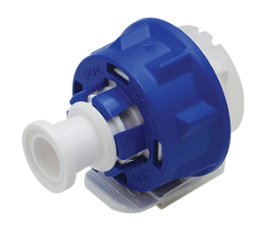 Blue and white mechanical component on a white background