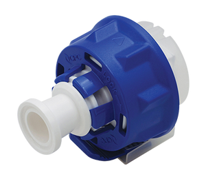 Blue and white mechanical component on a white background