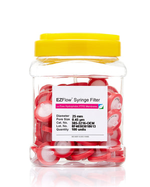 EZFlow® 25mm Syringe Filter, .45μm PTFE - Hydrophobic filter for laboratory research - 100/pack | img_1 | Foxx Life Sciences Global | shopfls.com
